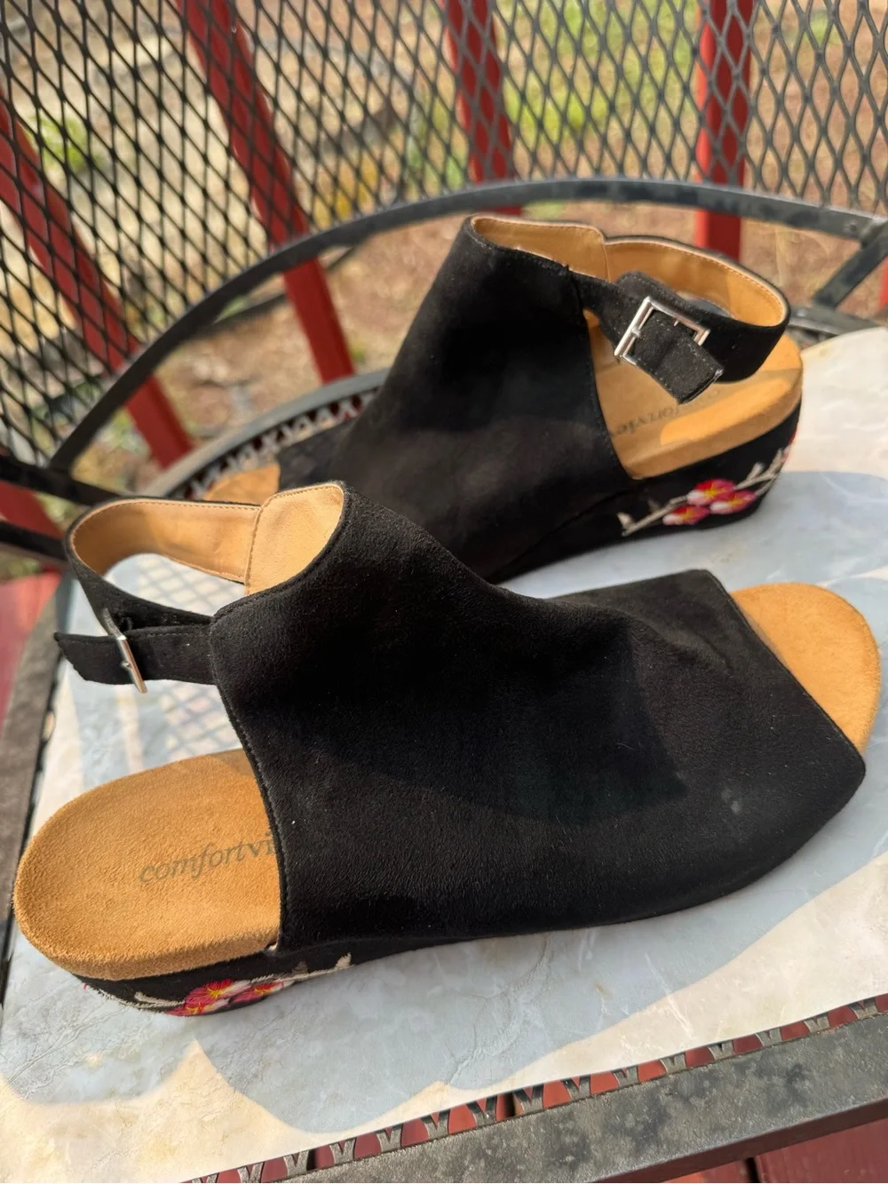 Black Swede  Comfortview , Open-Toe Wedge Sandals with Floral Heel, Size 10 WW.